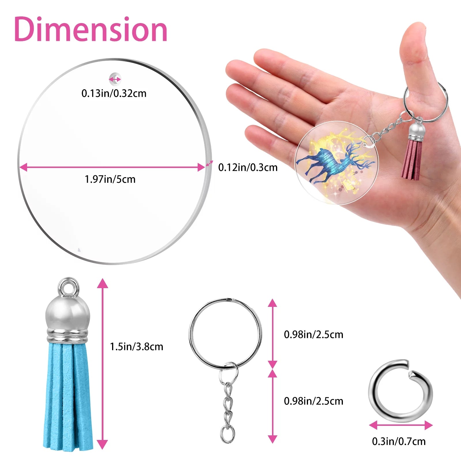 DIY Acrylic Keychain Kit - 108Pcs Transparent Ornament Craft Set: 36 Clear Circle Discs, Key Rings, Colorful Tassels