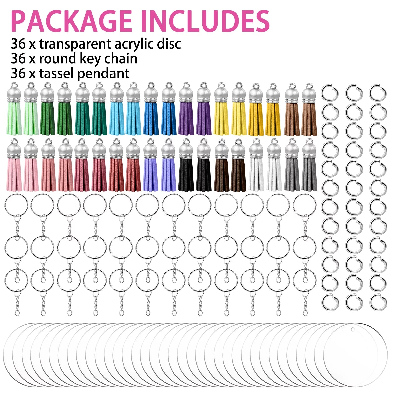 DIY Acrylic Keychain Kit - 108Pcs Transparent Ornament Craft Set: 36 Clear Circle Discs, Key Rings, Colorful Tassels