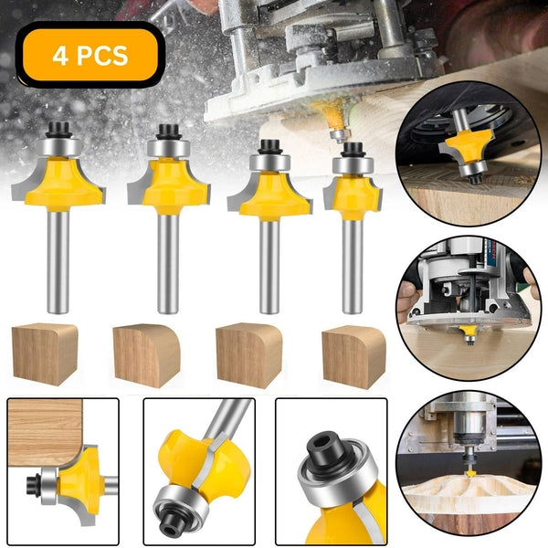 4 PCS 1/4" Shank Roundover Edging Router Bit Set Corner Rounding Edge Forming Roundover Beading Router Bit Set - 5/16" 3/16" 1/4" 1/8" Radius