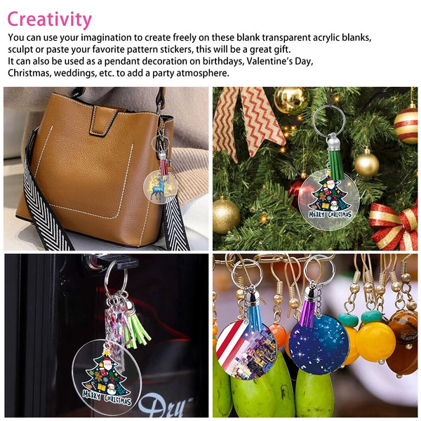 DIY Acrylic Keychain Kit - 108Pcs Transparent Ornament Craft Set: 36 Clear Circle Discs, Key Rings, Colorful Tassels