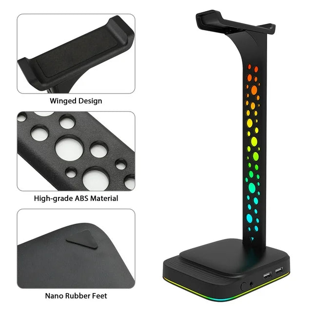 LED Headphone Stand, RGB Gaming Headset Stand with USB-C Charging Ports for Mobile Devices