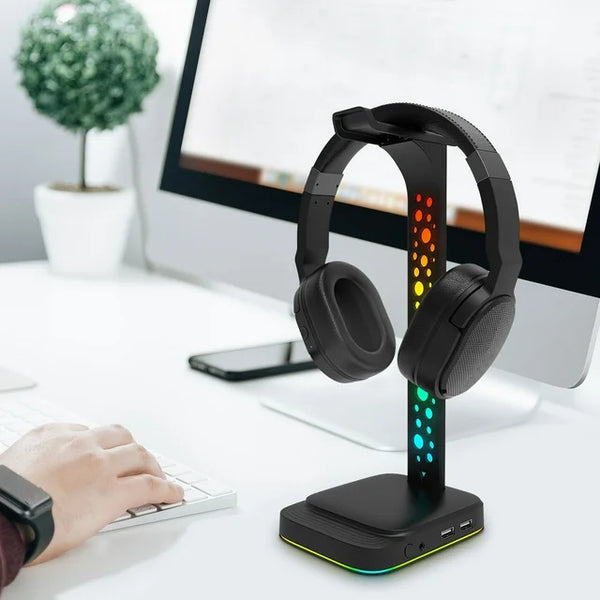 LED Headphone Stand, RGB Gaming Headset Stand with USB-C Charging Ports for Mobile Devices