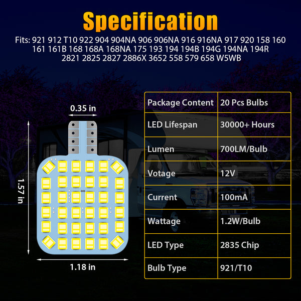 20Pcs Super Bright Interior LED Light Bulbs, 36-SMD, 6000K White, for 12V RV, T10 Base (921/922/912/194)