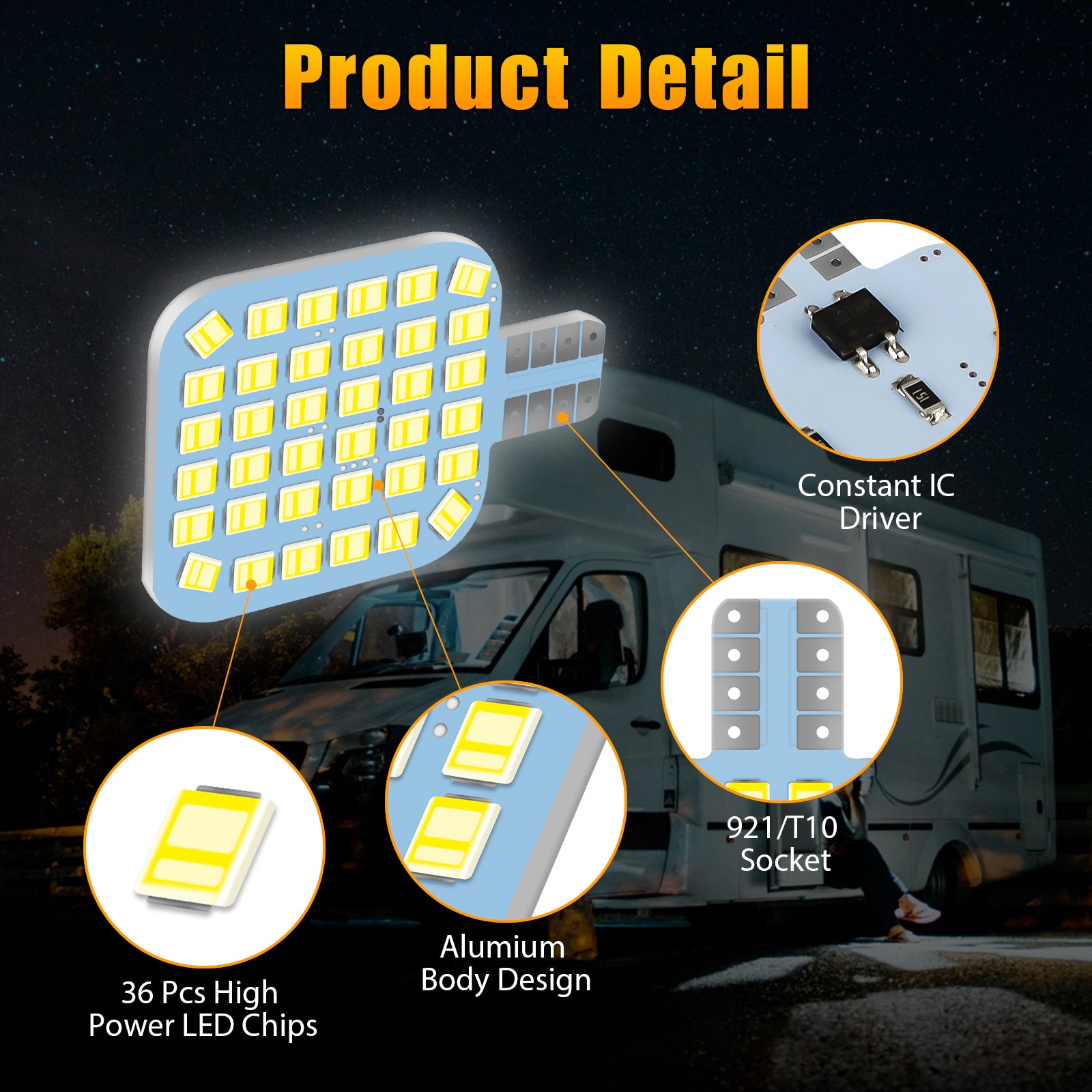 20Pcs Super Bright Interior LED Light Bulbs, 36-SMD, 6000K White, for 12V RV, T10 Base (921/922/912/194)