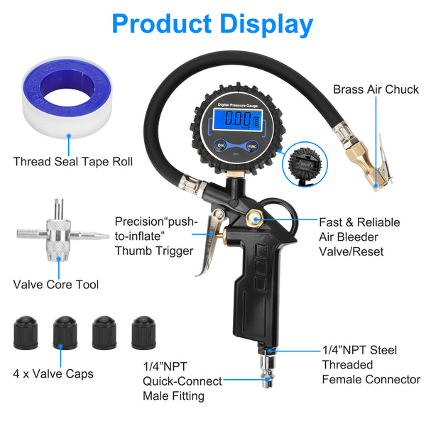 Digital Tire Inflator Pressure Gauge,0-250 PSI Air Chuck & Compressor Accessories Heavy Duty with Quick Connect Coupler