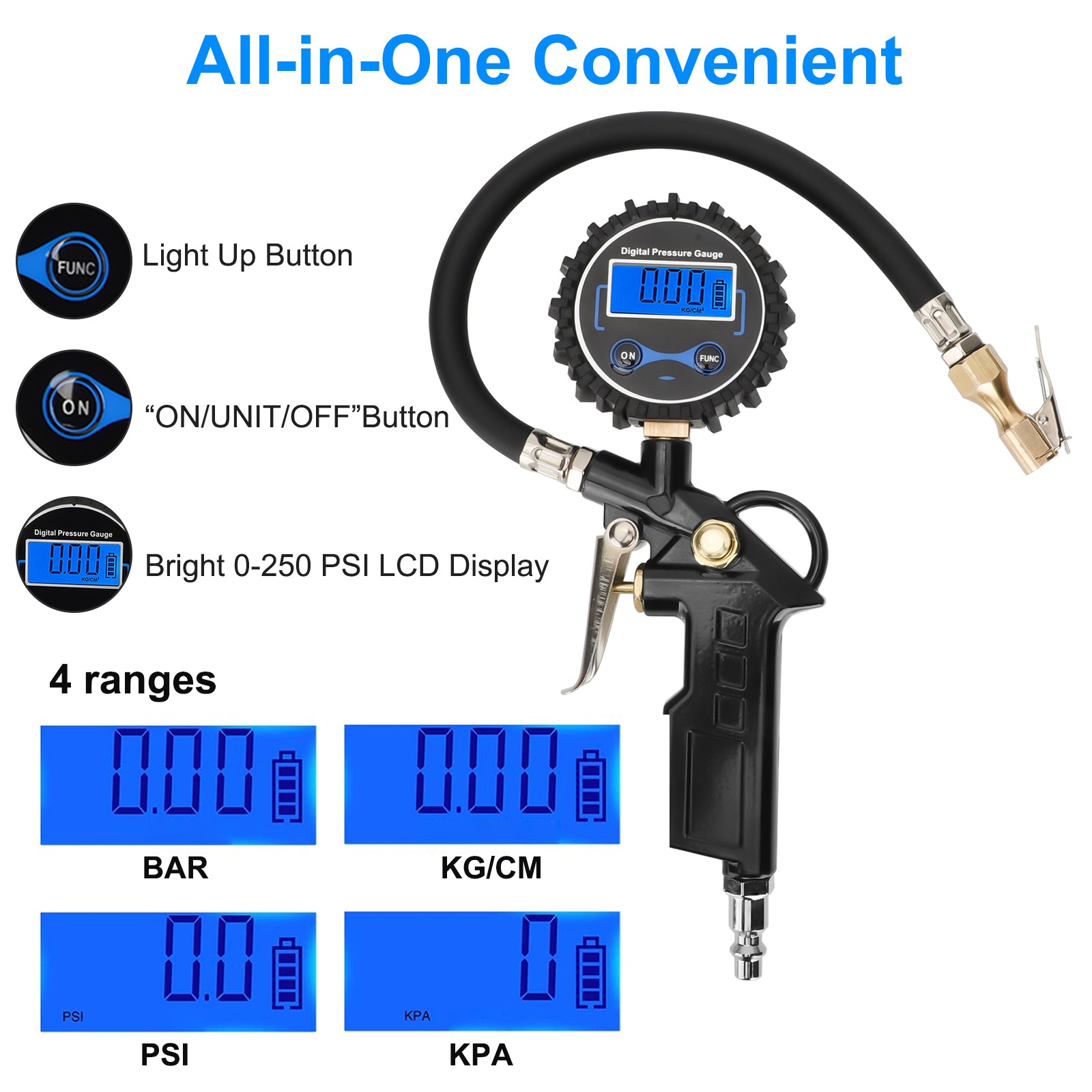 Digital Tire Inflator Pressure Gauge,0-250 PSI Air Chuck & Compressor Accessories Heavy Duty with Quick Connect Coupler