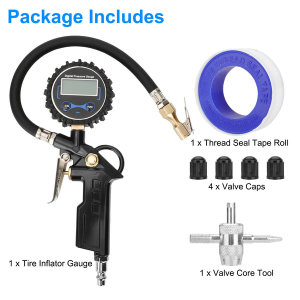 Digital Tire Inflator Pressure Gauge,0-250 PSI Air Chuck & Compressor Accessories Heavy Duty with Quick Connect Coupler