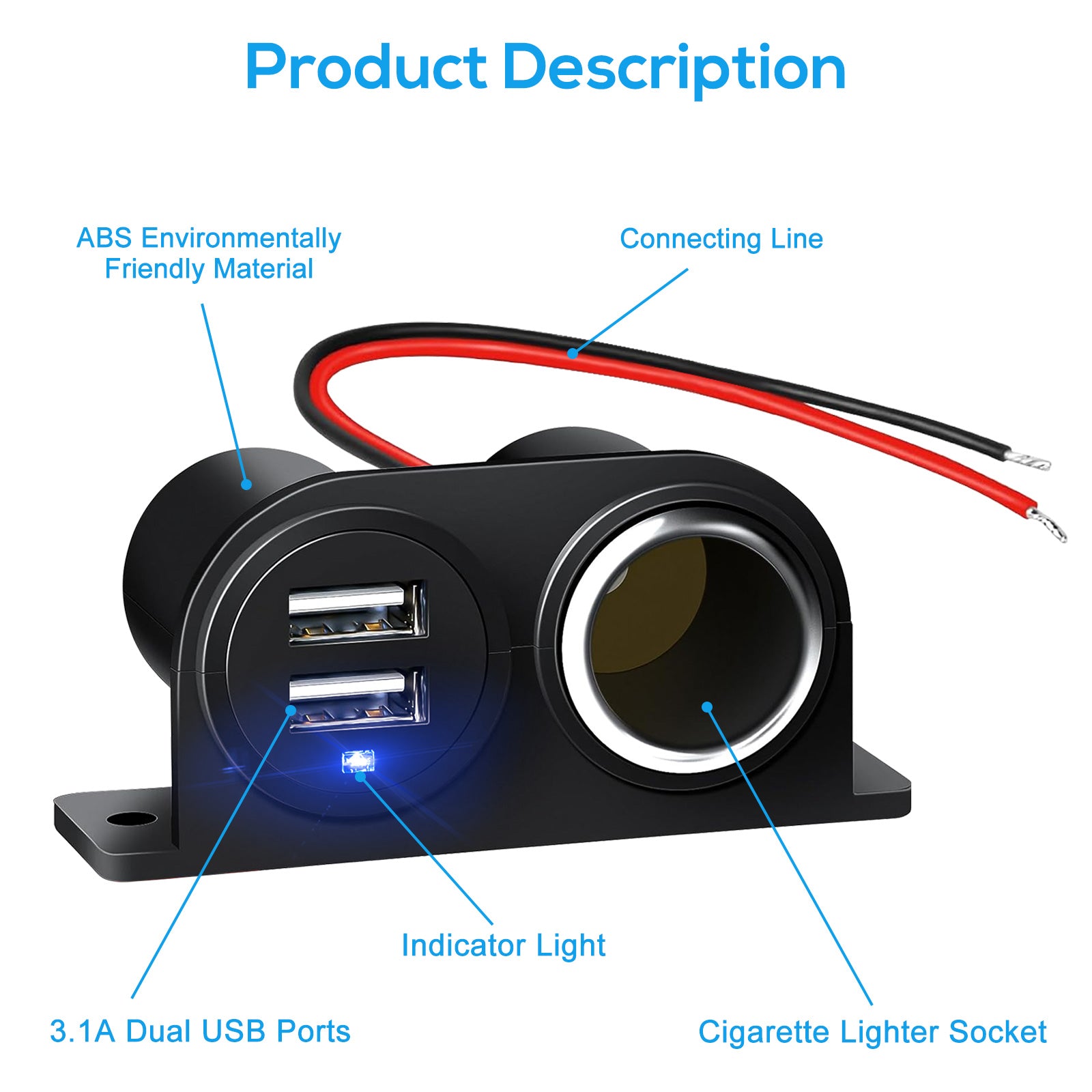 Celectigo Dual USB Outlet Cigarette Lighter Socket Splitter - 2 Pcs, 12V-24V, 3.1A Car Charger Power Adapter, Waterproof Plug for RV, Marine, and Truck