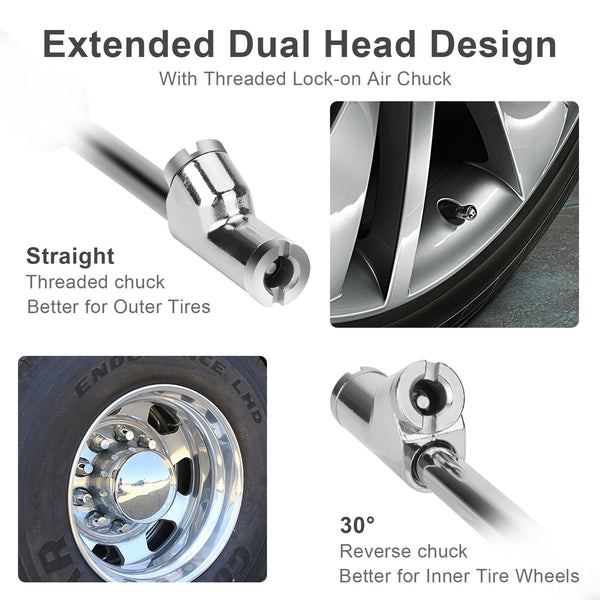 Extended Dual Head Air Chuck: 1/4" FNPT, Rubber Handle, 2-Way Connection, Quick Plug for Semi, RV, Truck Tires