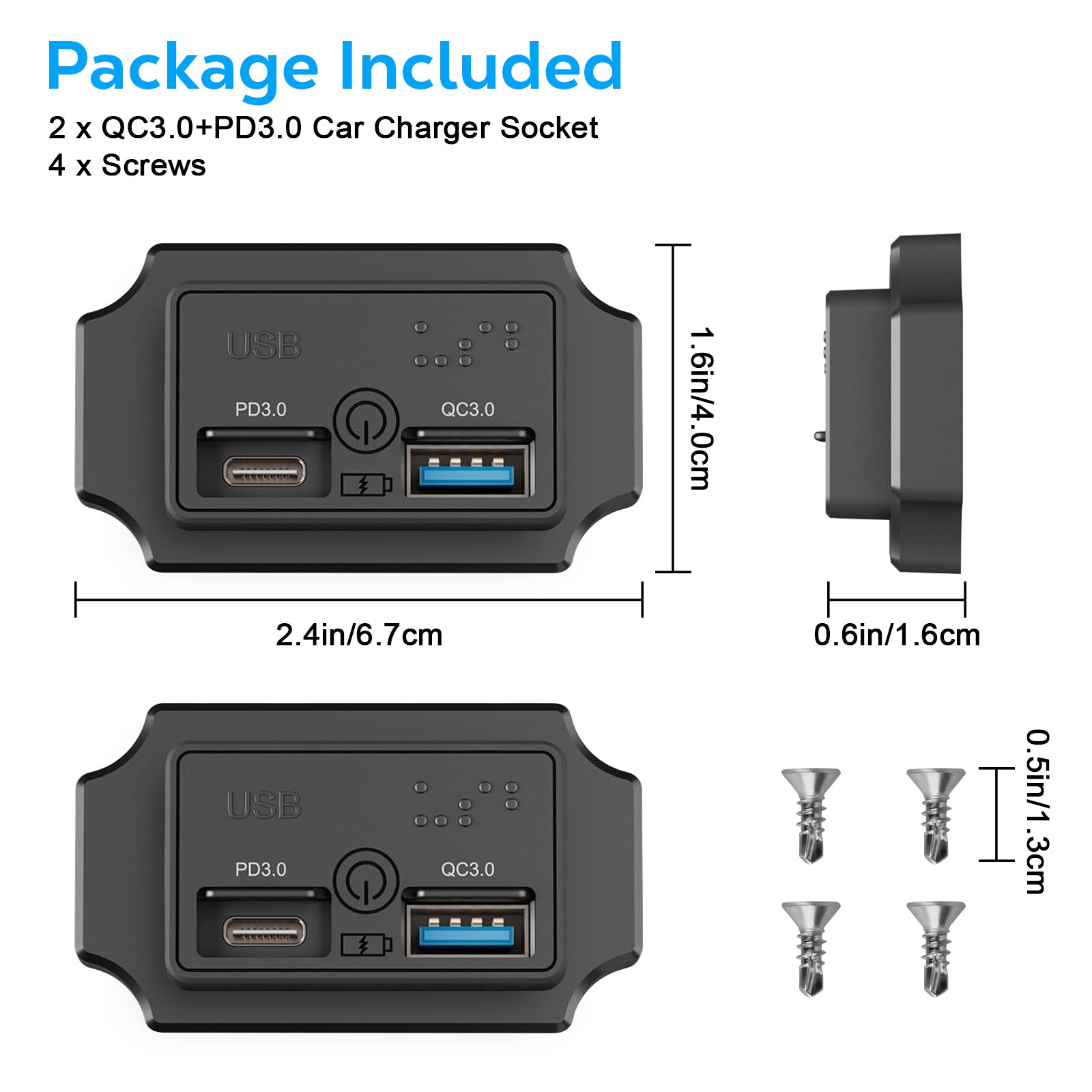 2 PCS Dual PD & QC USB Car Charger,Quick Charge 3.0 & PD 3.0 48W USB-A Port Panel Mount with Braille Touch Key for Vehicles (Black)