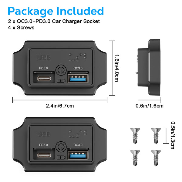 2 PCS Dual PD & QC USB Car Charger,Quick Charge 3.0 & PD 3.0 48W USB-A Port Panel Mount with Braille Touch Key for Vehicles (Black)