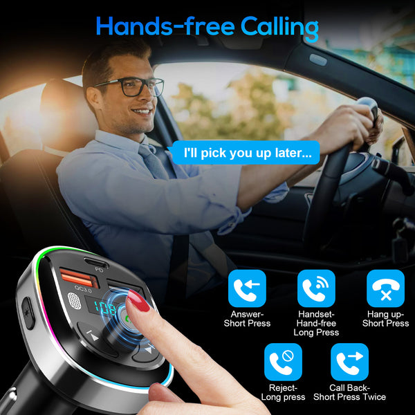 30W Fast Charging Bluetooth 5.3 FM Transmitter Car Adapter,with Dual Mics, 7 Color LED & U Disk, USB AUX Radio Hands-Free Calling & Music Playback