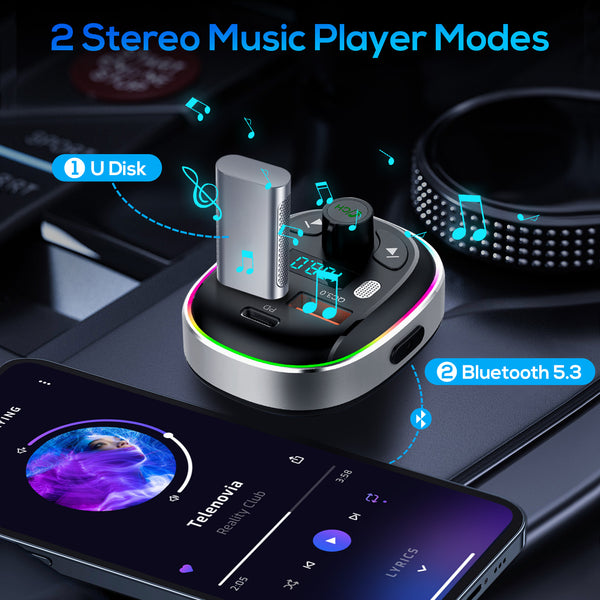 30W Fast Charging Bluetooth 5.3 FM Transmitter Car Adapter,with Dual Mics, 7 Color LED & U Disk, USB AUX Radio Hands-Free Calling & Music Playback