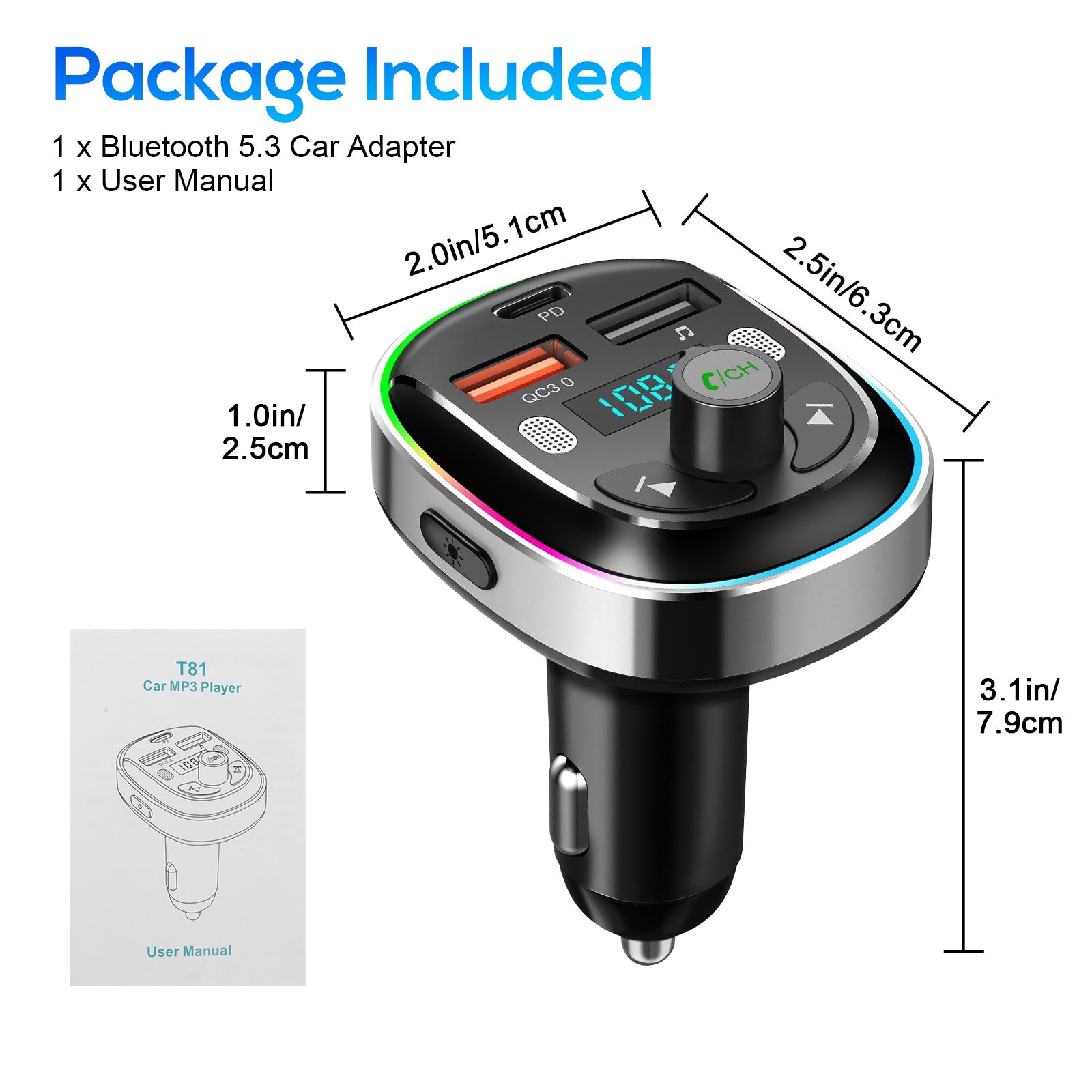 30W Fast Charging Bluetooth 5.3 FM Transmitter Car Adapter,with Dual Mics, 7 Color LED & U Disk, USB AUX Radio Hands-Free Calling & Music Playback