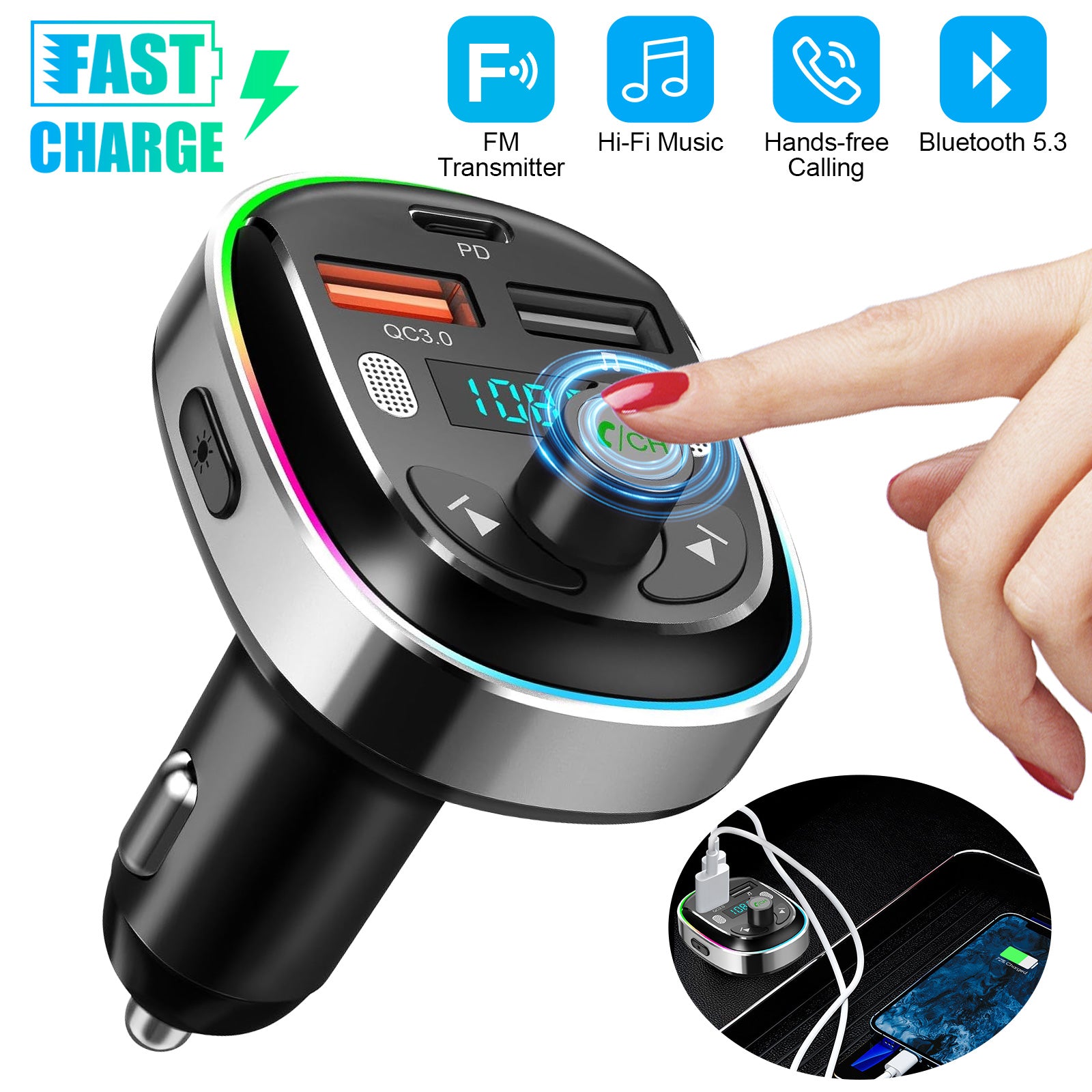 30W Fast Charging Bluetooth 5.3 FM Transmitter Car Adapter,with Dual Mics, 7 Color LED & U Disk, USB AUX Radio Hands-Free Calling & Music Playback