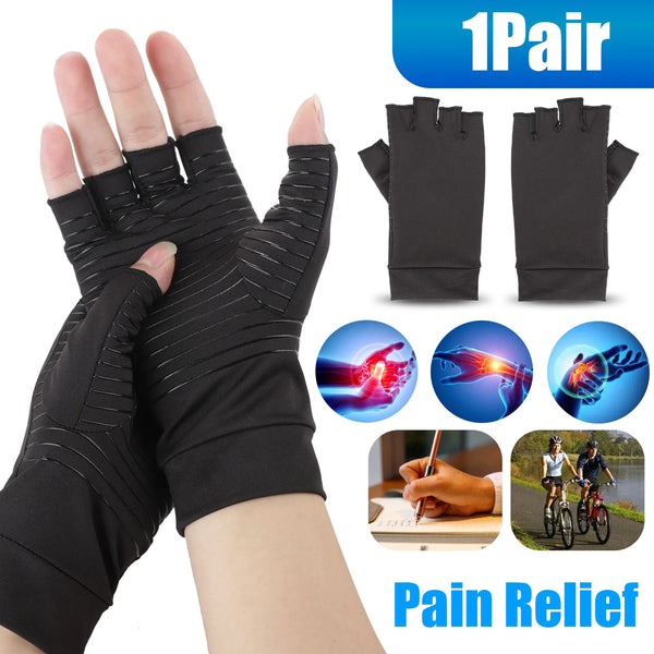 Copper Polyester Arthritis Gloves for Women & Men, Compression Gloves, Odorless & Comfortable, Joint Pain Relief Half Finger Brace Therapy Wrist Support for Arthritis Relief