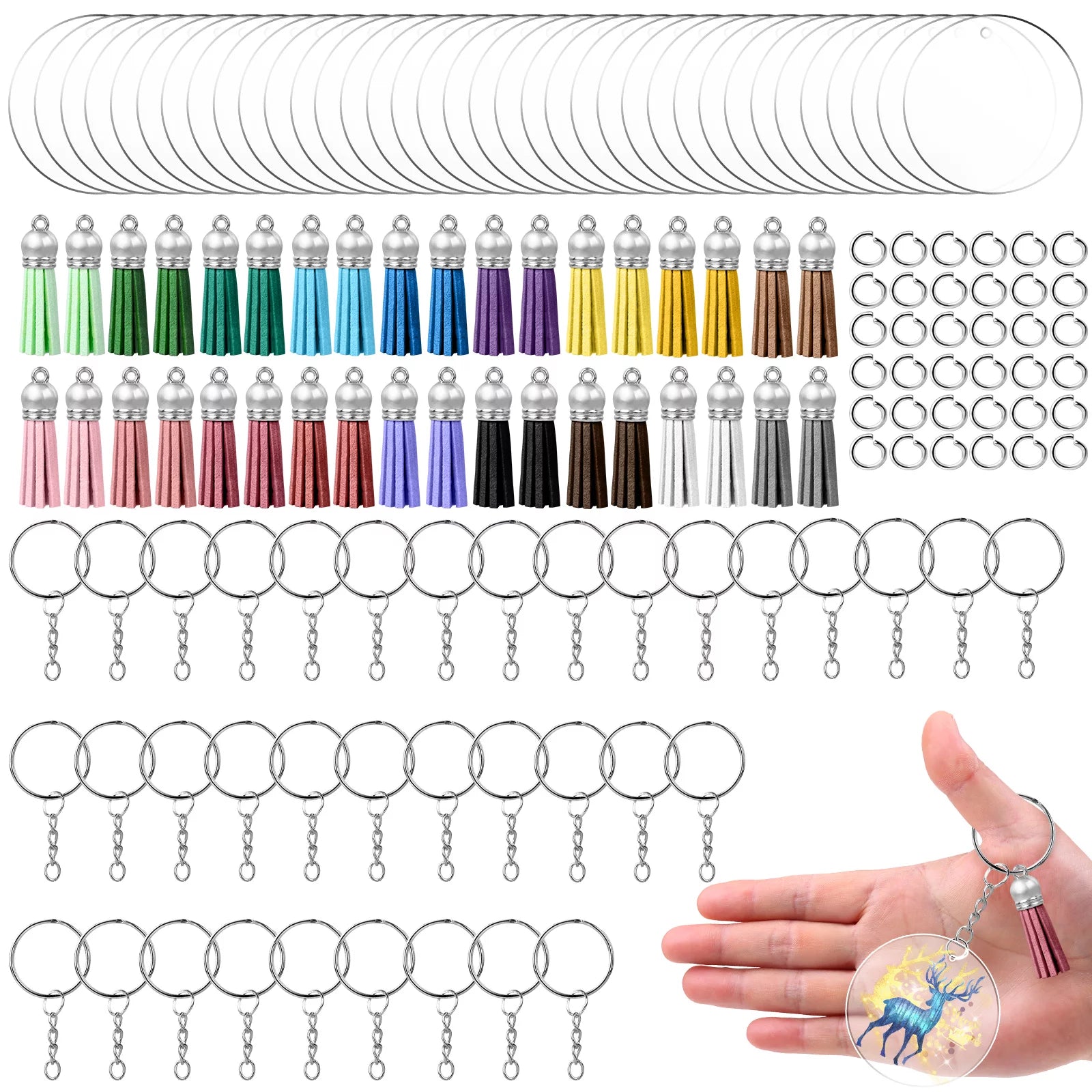 DIY Acrylic Keychain Kit - 108Pcs Transparent Ornament Craft Set: 36 Clear Circle Discs, Key Rings, Colorful Tassels