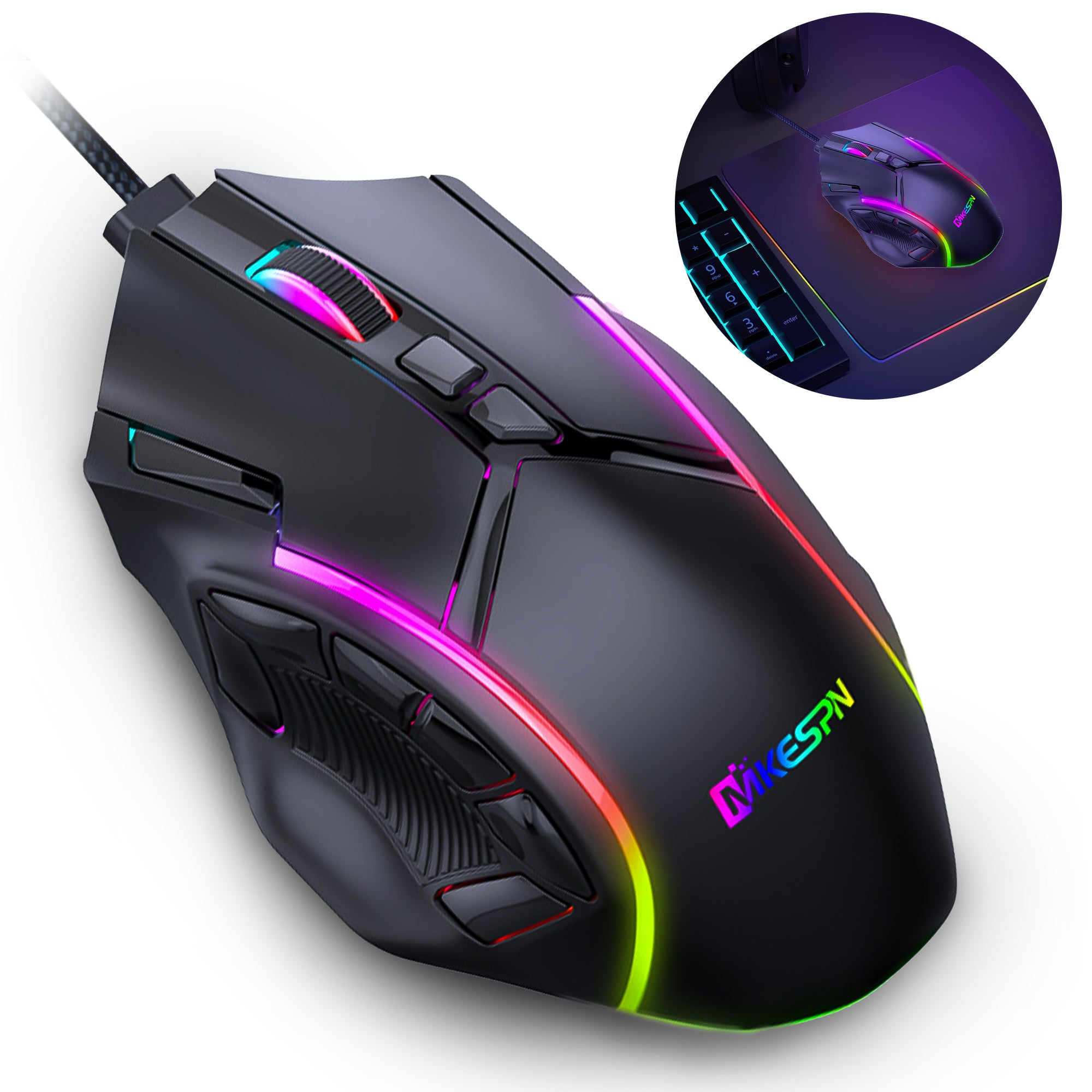 Celectigo RGB USB Wired Gaming Mouse with 12 Programmable Buttons, 12800 DPI, 13 RGB Light Modes – Black