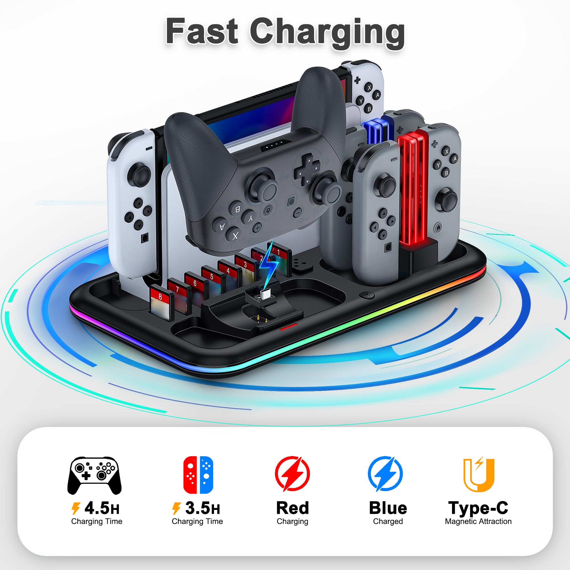 RGB Charger Dock for Nintendo Switch, 4 JoyCons/Switch Pro, Accessories Kit with USB-C, 8 Games Slots, Black