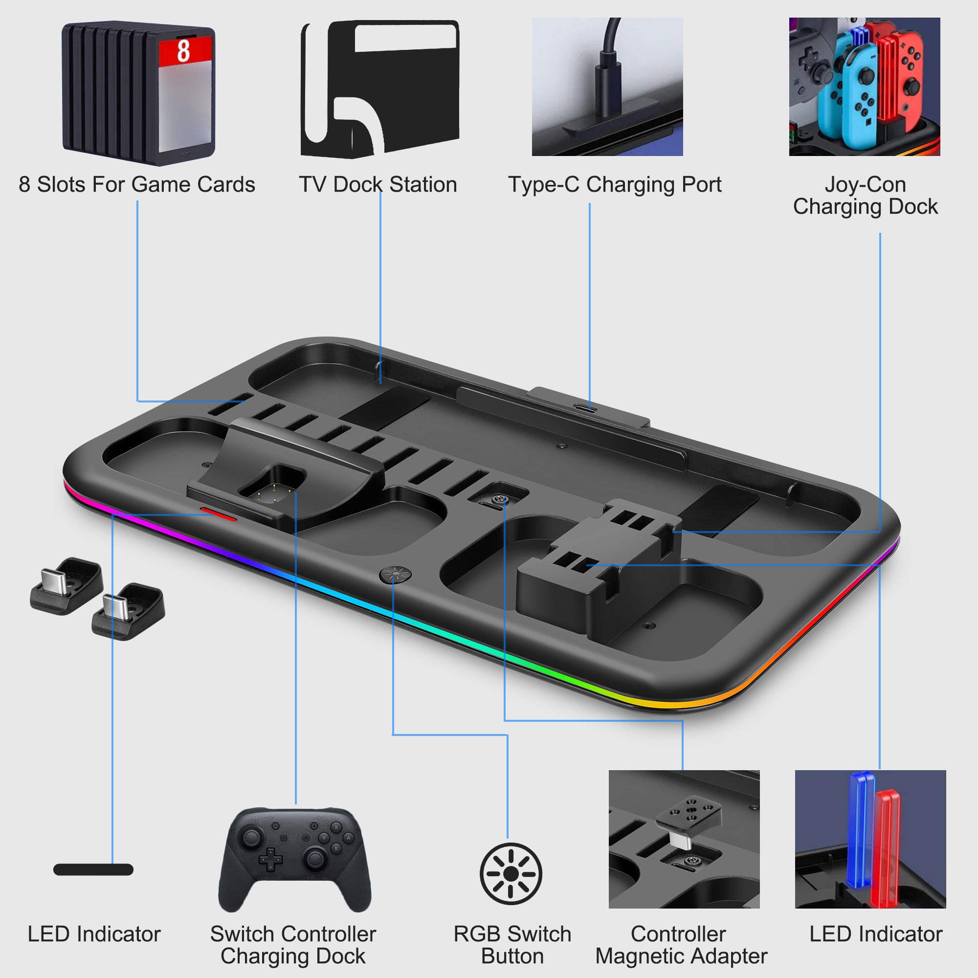 RGB Charger Dock for Nintendo Switch, 4 JoyCons/Switch Pro, Accessories Kit with USB-C, 8 Games Slots, Black