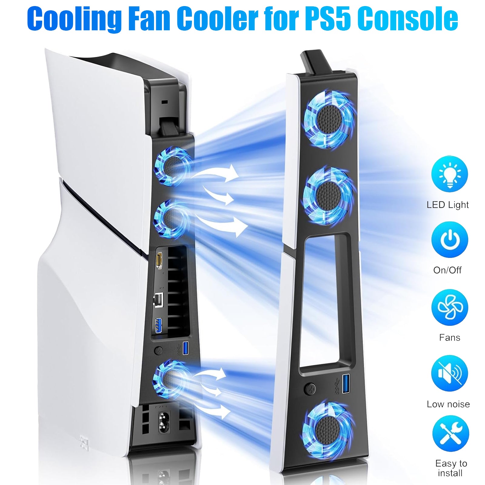 External Cooling Fan Holder with LED Light for PS5 - Adjustable Fan Speed Horizontal Cooler System - USB Hub Included for PS5 Slim Disc/Digital Edition - Enhanced Cooling Solution