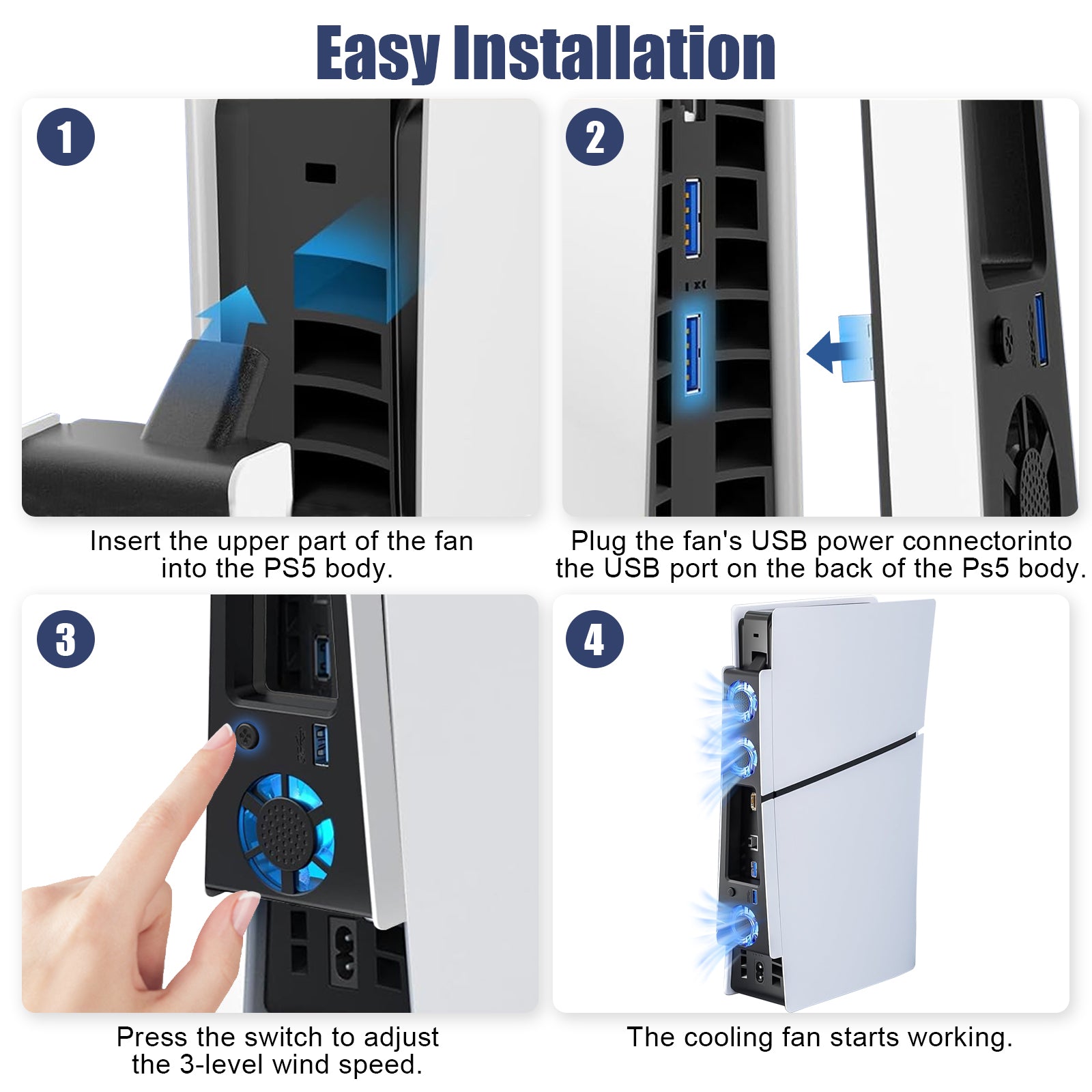 External Cooling Fan Holder with LED Light for PS5 - Adjustable Fan Speed Horizontal Cooler System - USB Hub Included for PS5 Slim Disc/Digital Edition - Enhanced Cooling Solution