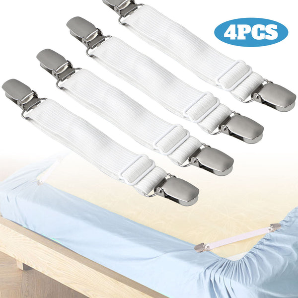 Sheet Straps, 4Pcs Bed Sheet Holder Clips, Adjustable Elastic Sheet Clips for Bedding Sofa Couch, White