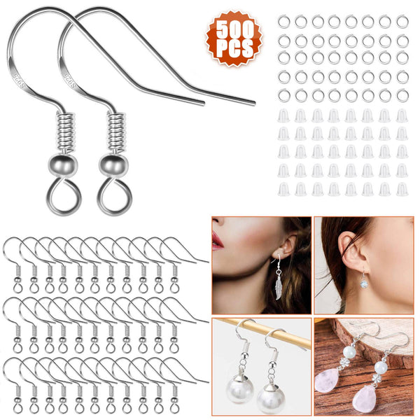 925 Sterling Silver Earring Hooks, 500-Pcs Ear Wire Fish Hooks Hypoallergenic Earring Making Kit with Clear Silicone Earring Backs Stoppers for All DIY Jewelry Making