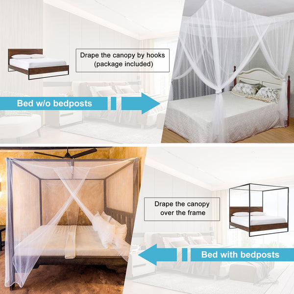 Mesh Bed Canopy Mosquito Net, Full Queen King Size, Four Opening Bed Curtains, White