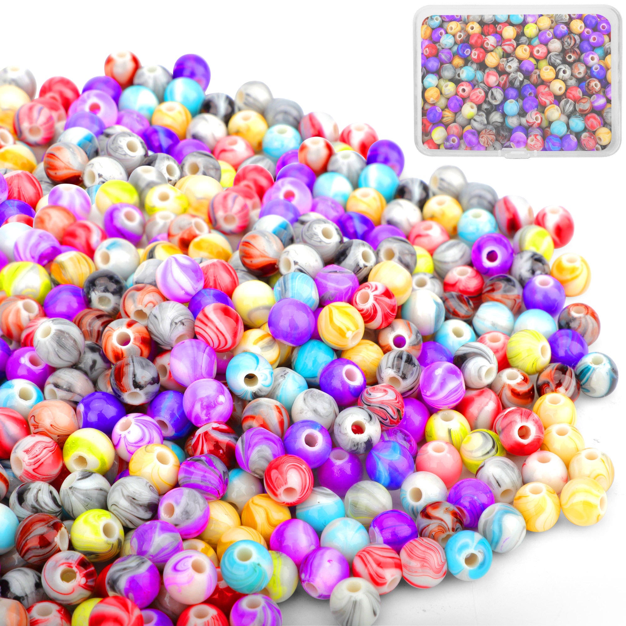 00 Pcs 8mm Multicolor Ink Pattern Acrylic Round Beads - Kids Arts and Crafts - Classroom Sensory Learning Loose Beads with Storage Box for Bracelet Necklace Jewelry Making