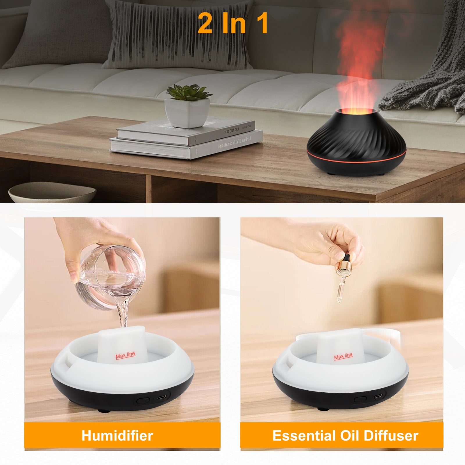 130ml USB Air Humidifier Aroma Diffuser - 7 Flame Colors, Noiseless, Auto-Off Protection (Black)