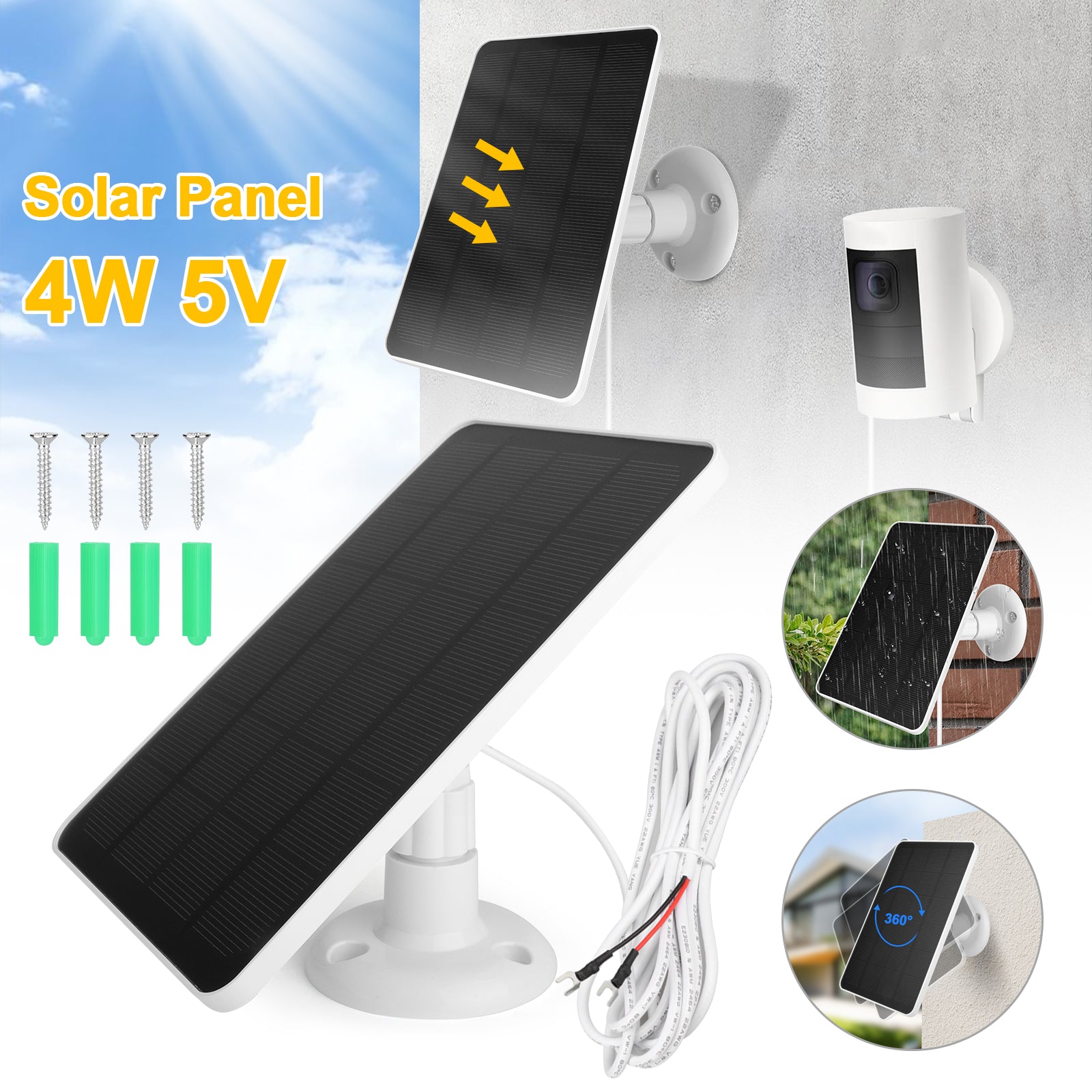 10ft 4W 5V Solar Panel Charger with Cable Fork Power Connector - IP65 Waterproof Monocrystalline Charger for Ring Video Doorbells 2/3+/4 (White)
