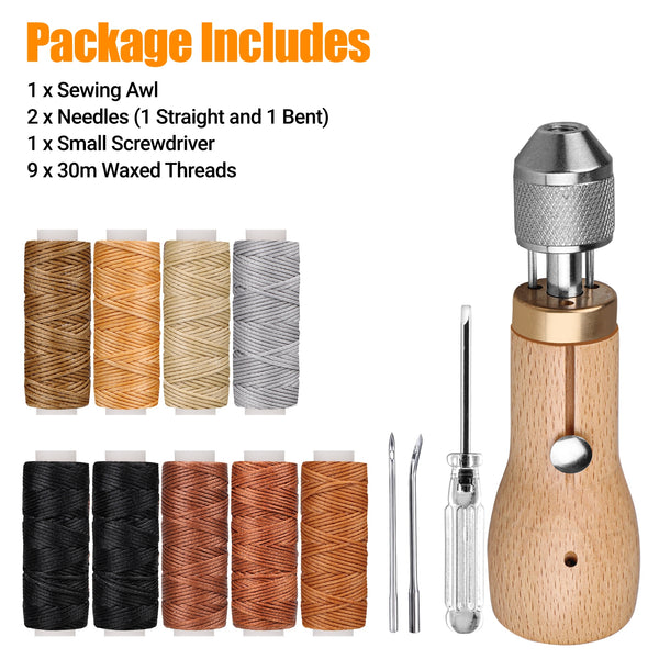 13 Pcs Stitching Awl Kit,Portable Leather Crafting and Repair Set with Needles, Waxed Threads, and Screwdriver for DIY Craft