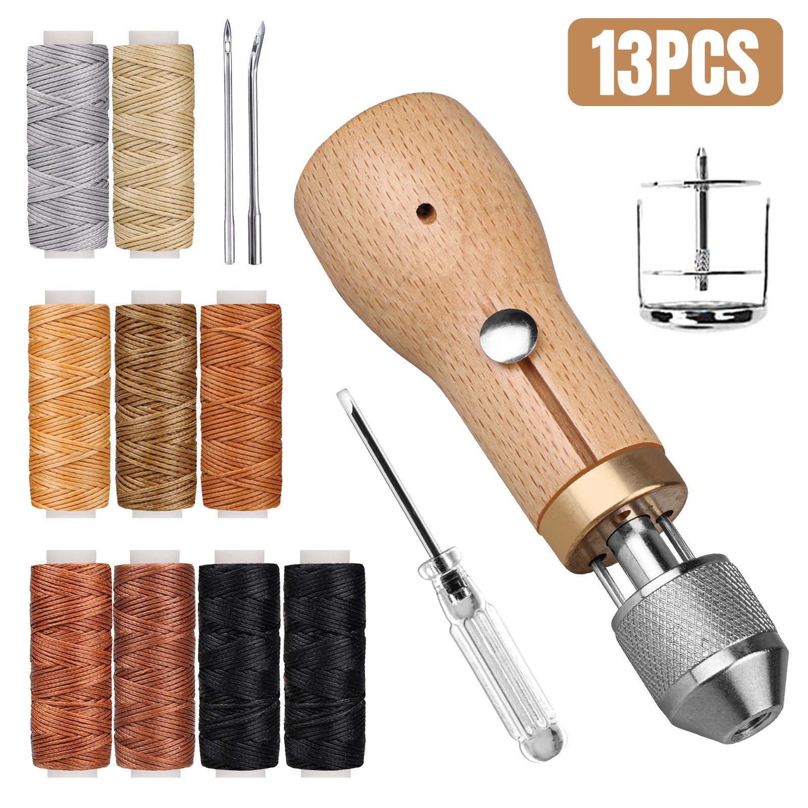 13 Pcs Stitching Awl Kit,Portable Leather Crafting and Repair Set with Needles, Waxed Threads, and Screwdriver for DIY Craft