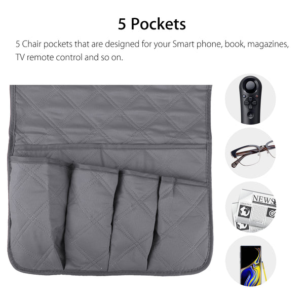 Sofa Armrest Organizer, 5-Pockets Non-Slip Magazine and Remote Control Holder For Recliner, Armchair Caddies For Couch