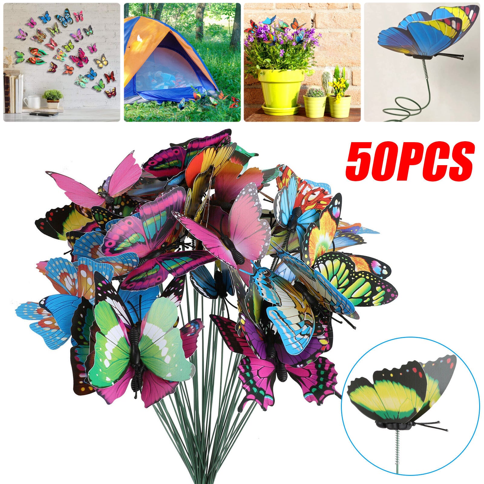 50 PCS Butterfly Stakes and Dragonfly Stakes, 10 inch Waterproof Garden Ornaments Stakes, Waterproof Butterfly Garden Decorations for Indoor, Outdoor Yard, Patio Plant Pot, Christmas Decoration