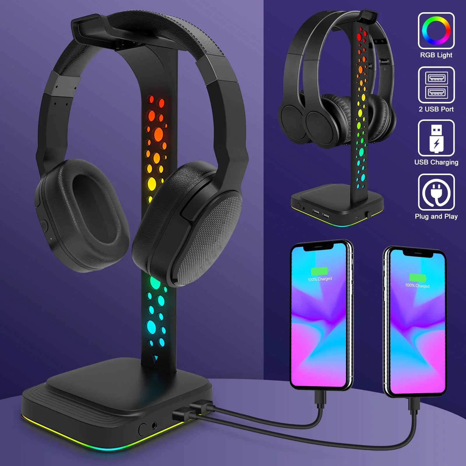 LED Headphone Stand, RGB Gaming Headset Stand with USB-C Charging Ports for Mobile Devices