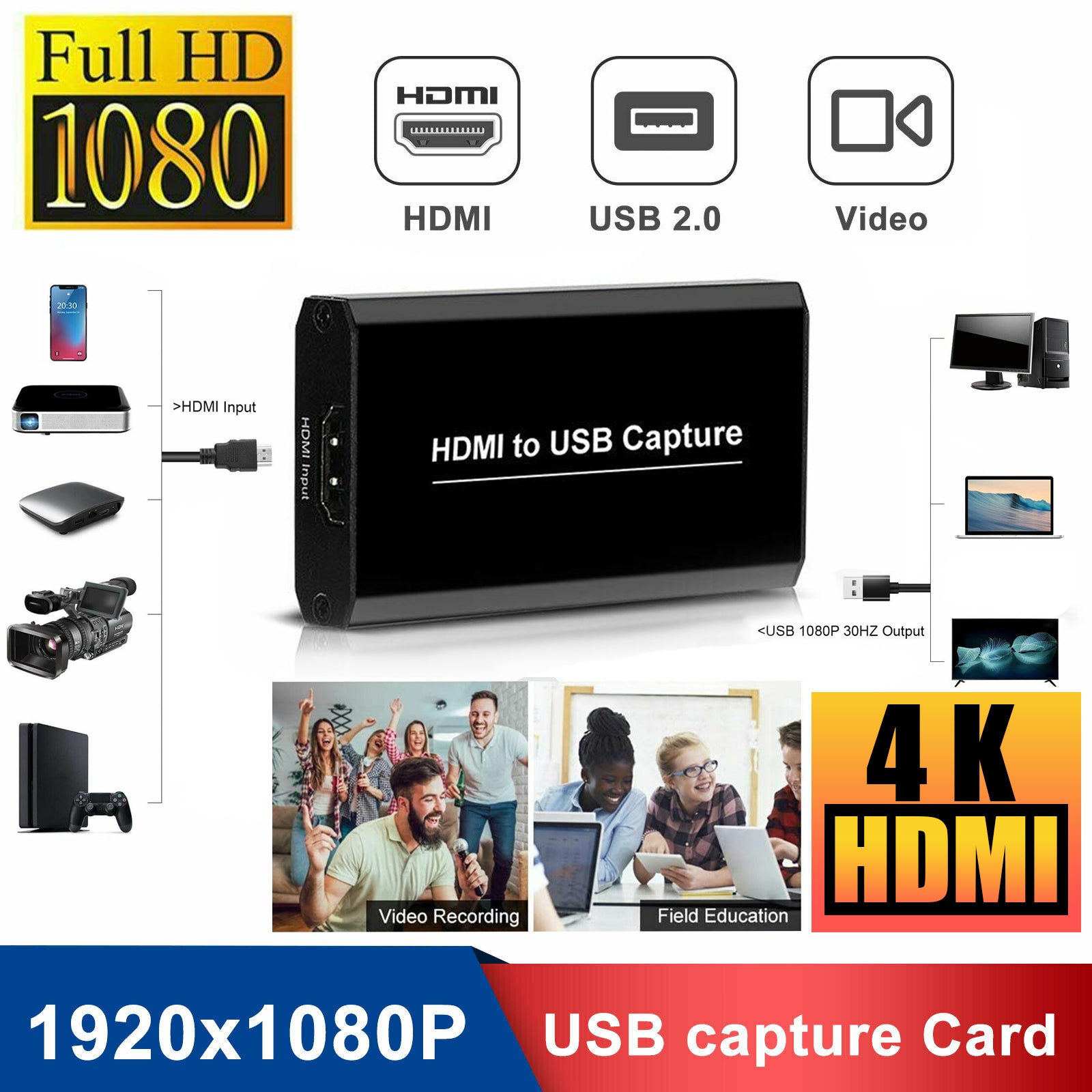 HD HDMI Capture Card for Game Video Live: PS4/Xbox/Switch Compatible, 4K Audio Video USB 3.0 Recording Black