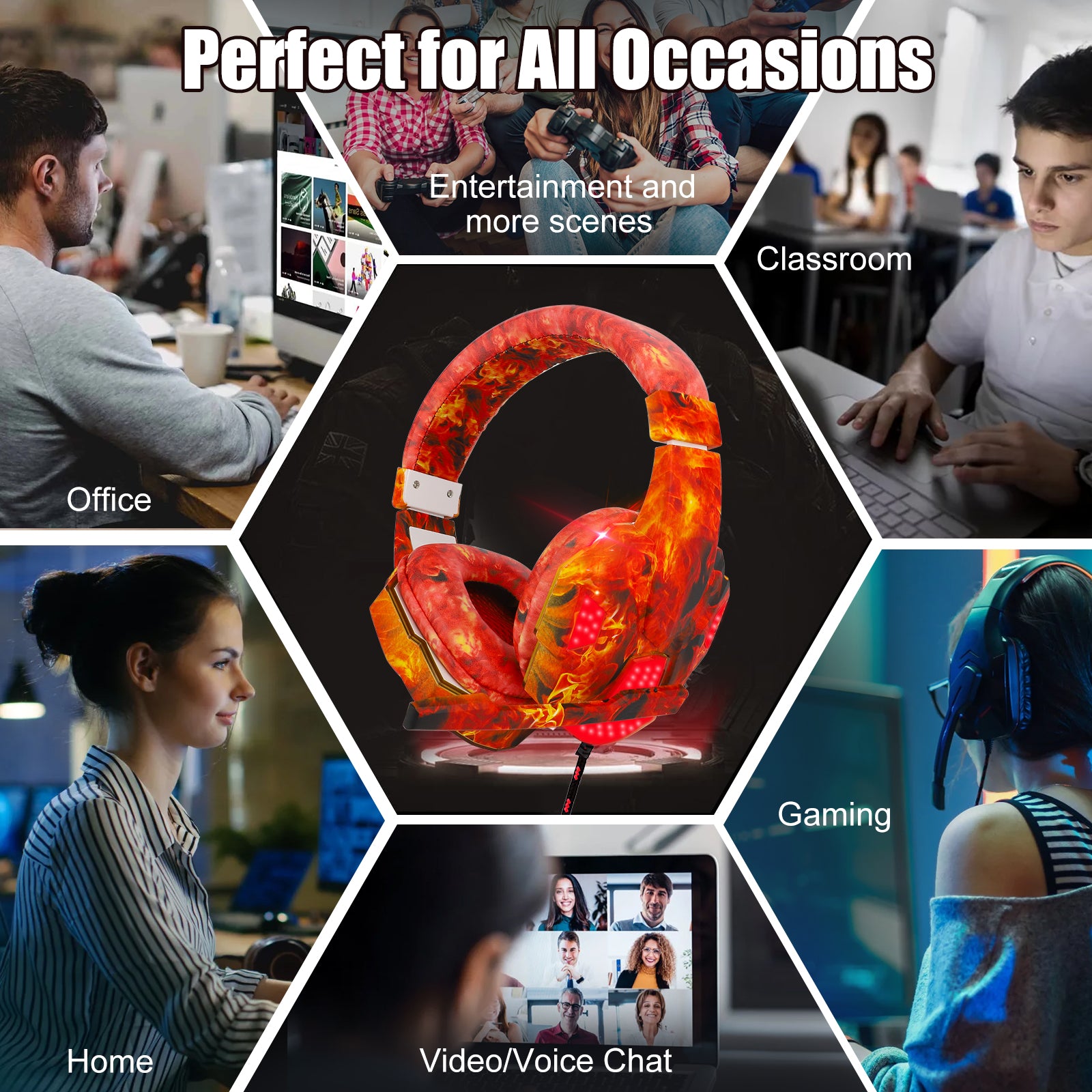 3.5mm wired Gaming Headset with Mic - LED Noise Cancelling Over Ear Headphones,Stereo Bass Surround Memory Earmuffs for PS5 Xbox PC Games ,Stereo Audio