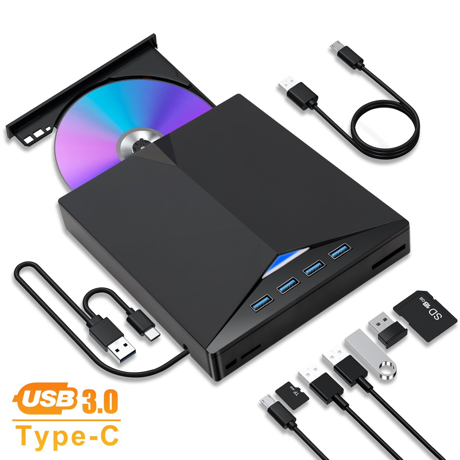 7-in-1 USB 3.0 Multi-function External CD/DVD Drive - Type-C CD/DVD +/-RW Player Reader Writer Burner - 4 USB Ports - SD/TF Card Support - Optical CD DVD Drive - Black