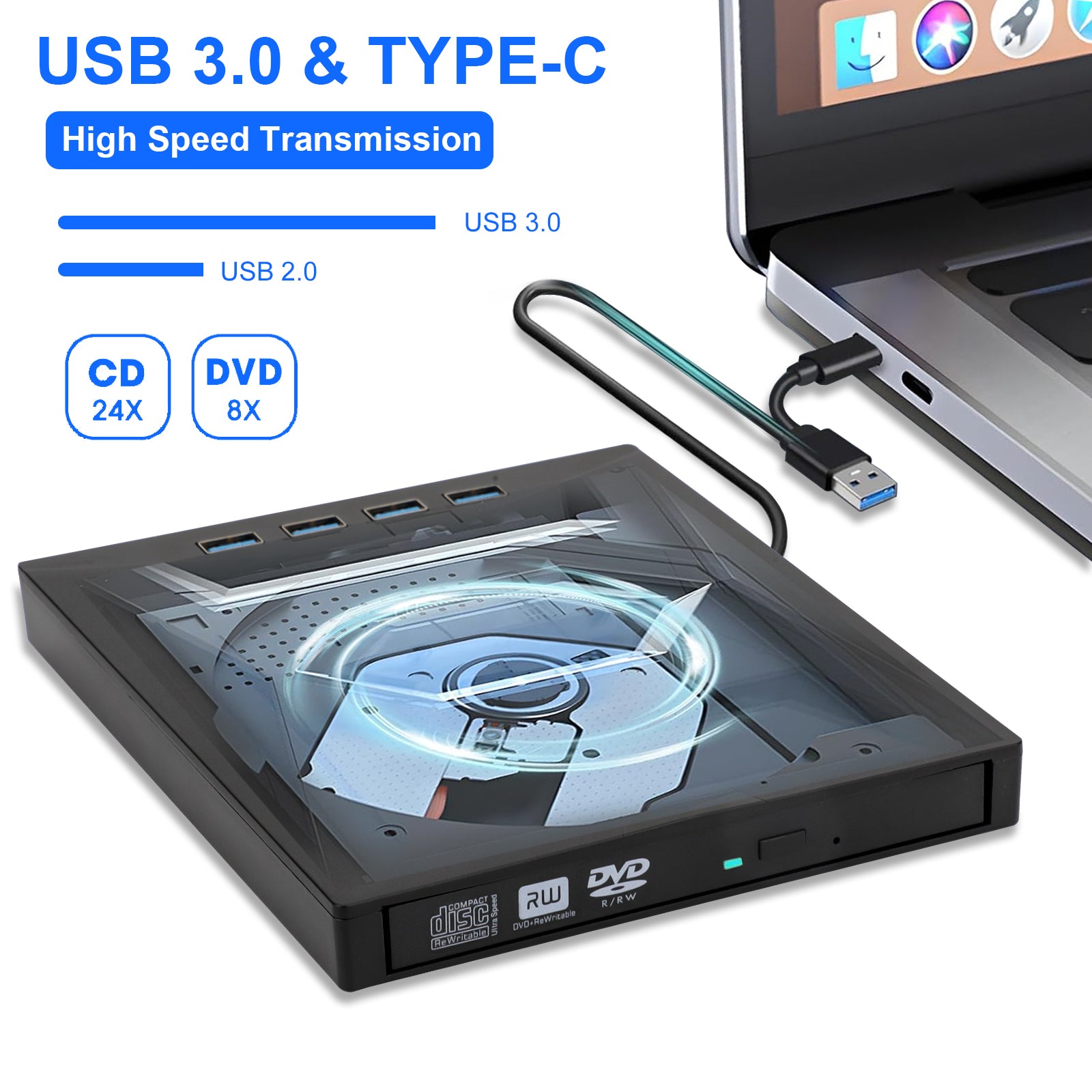 7-in-1 USB 3.0 Multi-function External CD/DVD Drive - Type-C CD/DVD +/-RW Player Reader Writer Burner - 4 USB Ports - SD/TF Card Support - Optical CD DVD Drive - Black