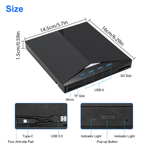 7-in-1 USB 3.0 Multi-function External CD/DVD Drive - Type-C CD/DVD +/-RW Player Reader Writer Burner - 4 USB Ports - SD/TF Card Support - Optical CD DVD Drive - Black