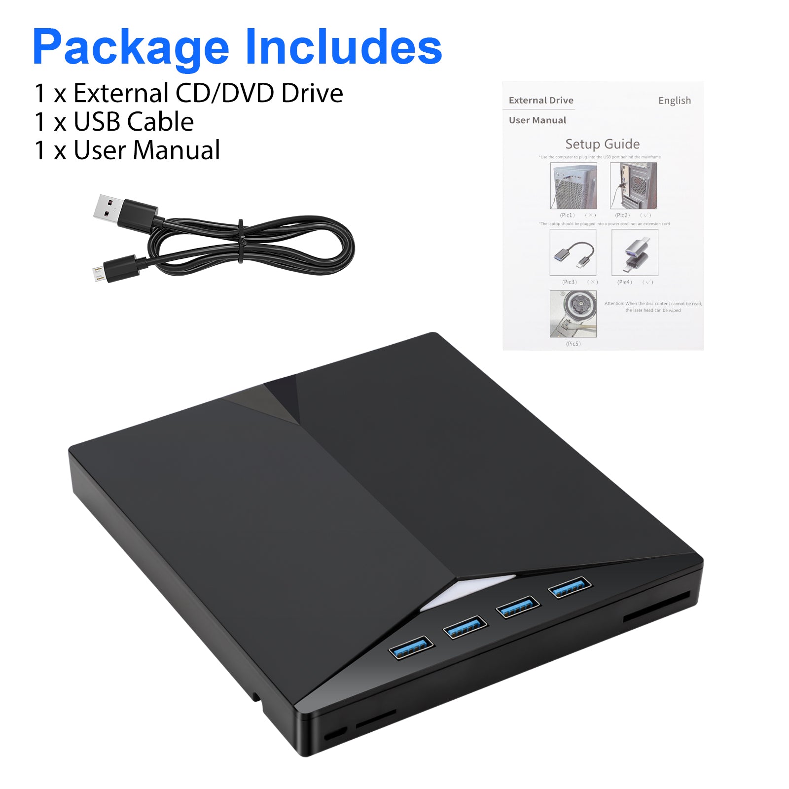 7-in-1 USB 3.0 Multi-function External CD/DVD Drive - Type-C CD/DVD +/-RW Player Reader Writer Burner - 4 USB Ports - SD/TF Card Support - Optical CD DVD Drive - Black