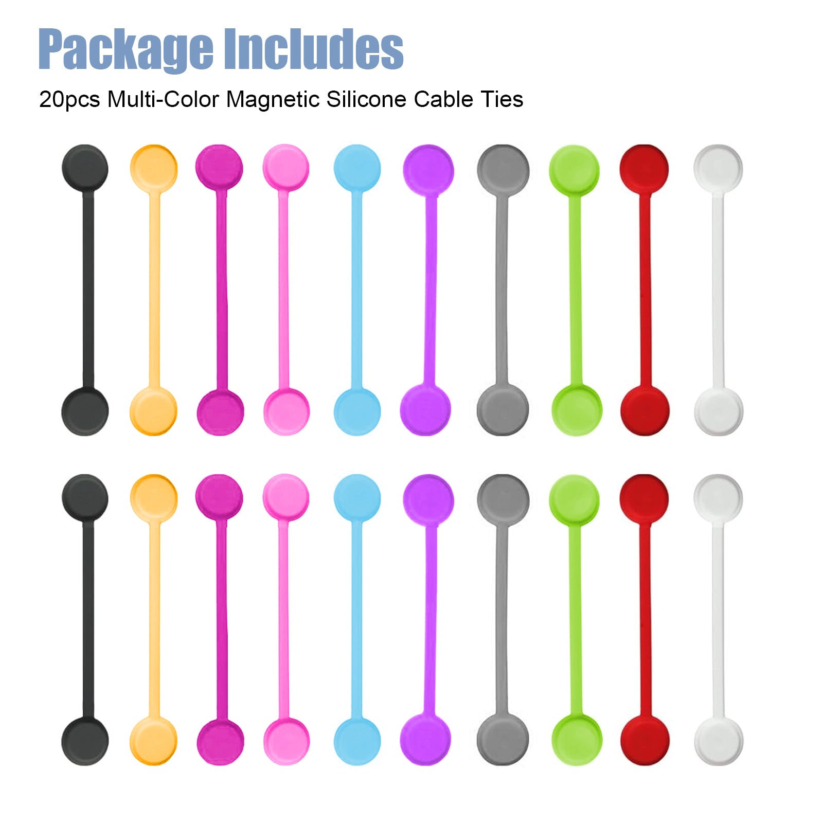 Magnetic Reusable Cable Ties - 20 Pcs Solution for Home/Office Cord Wrap, Cable Organizer - Magnetic Cord Holder with Fridge Magnet Function - Available in 10 Colors