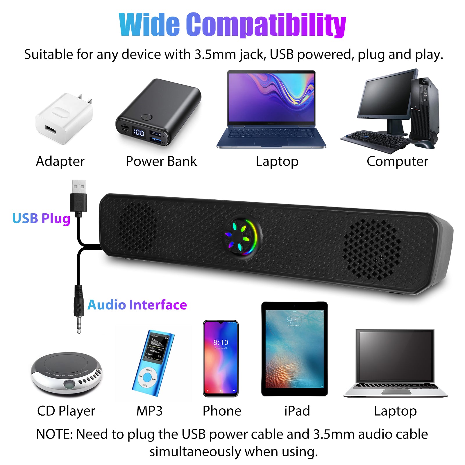 3.5mm Computer Speaker RGB Sound Bar - 6W Wired Bass Audio - USB Powered for Gaming, Home, Outdoor Party Projector