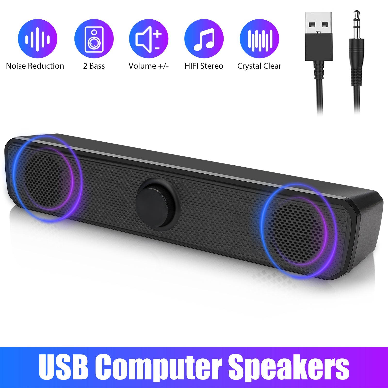 3.5mm USB Wired Computer Soundbar - Stereo Bass 2.0 Speakers with Volume Control - Ideal for PC, Laptop, Desktop - Black