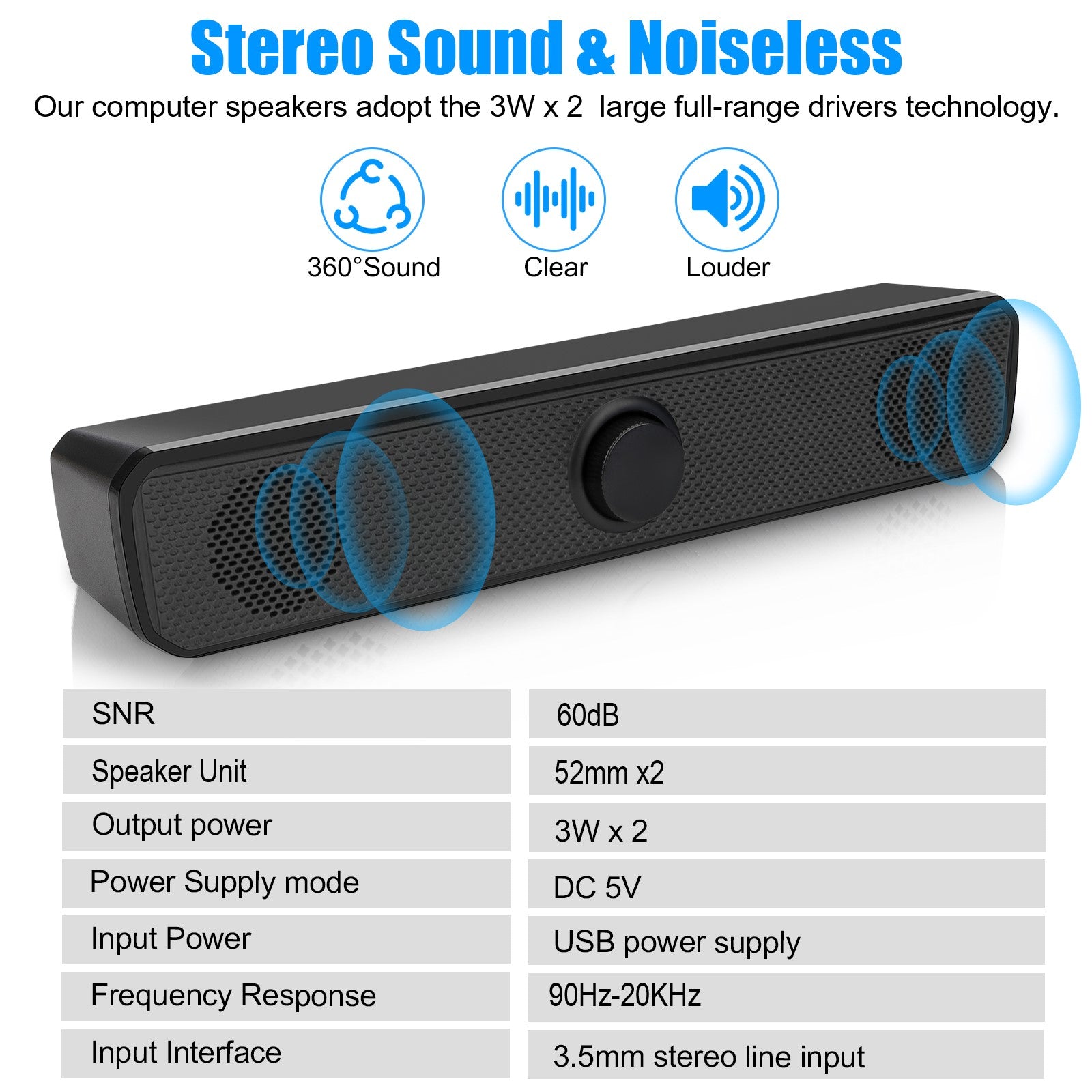 3.5mm USB Wired Computer Soundbar - Stereo Bass 2.0 Speakers with Volume Control - Ideal for PC, Laptop, Desktop - Black