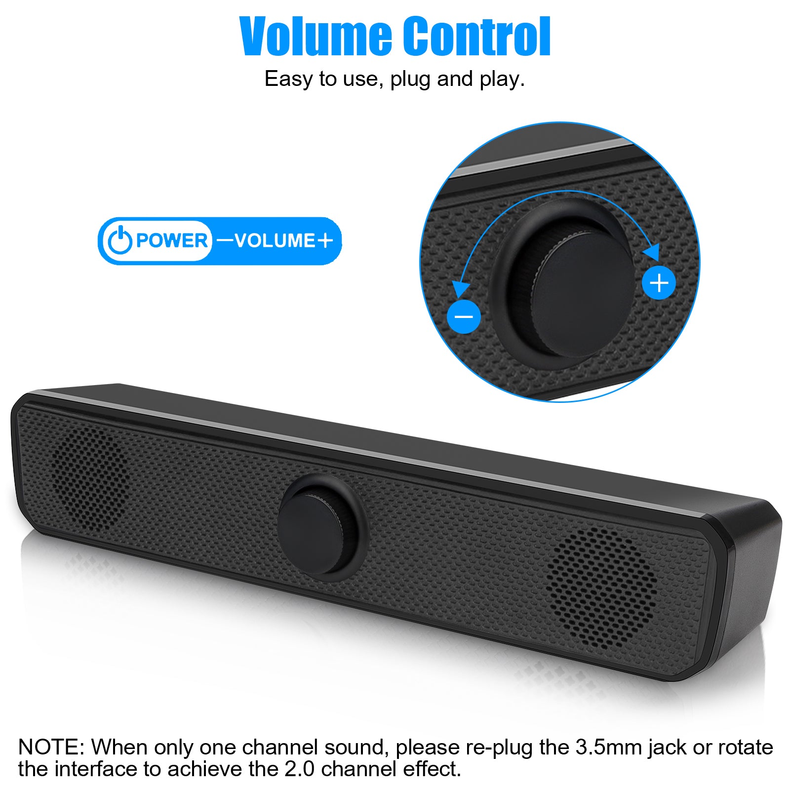 3.5mm USB Wired Computer Soundbar - Stereo Bass 2.0 Speakers with Volume Control - Ideal for PC, Laptop, Desktop - Black