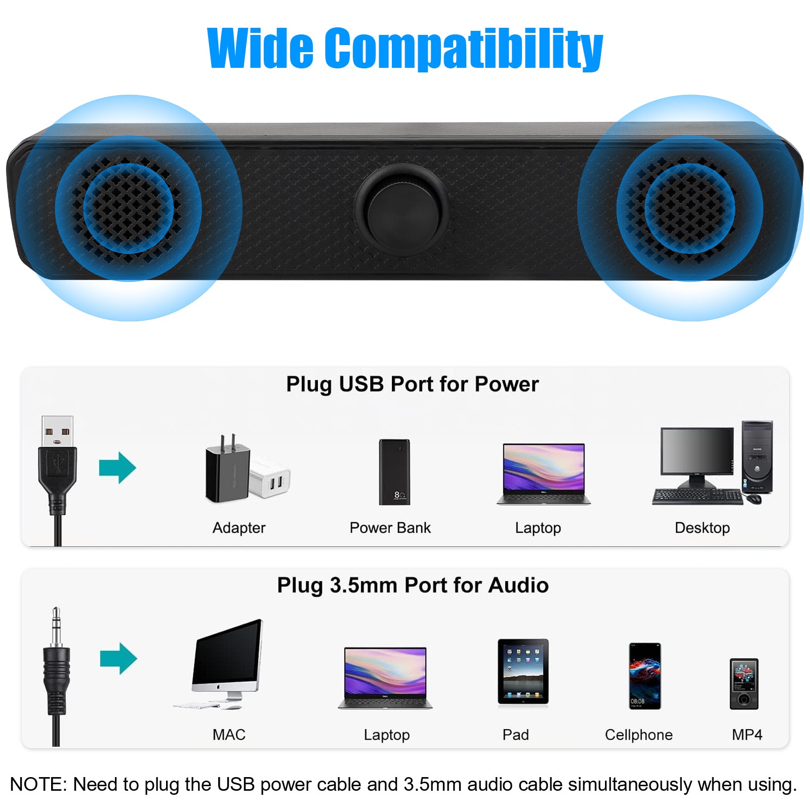 3.5mm USB Wired Computer Soundbar - Stereo Bass 2.0 Speakers with Volume Control - Ideal for PC, Laptop, Desktop - Black