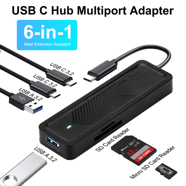 6-IN-1 USB 3.2 Type C Hub Card Reader - 10Gbps Fast Data Transmission  SD/TF Card Reader and USB-C Adapter for MacBook Pro, PC, and More (Black)